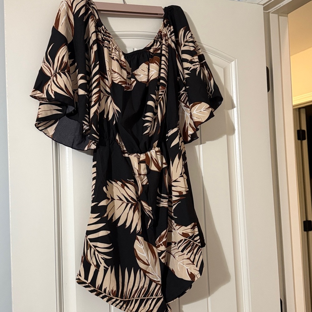 Black and Beige Leaf Print Romper